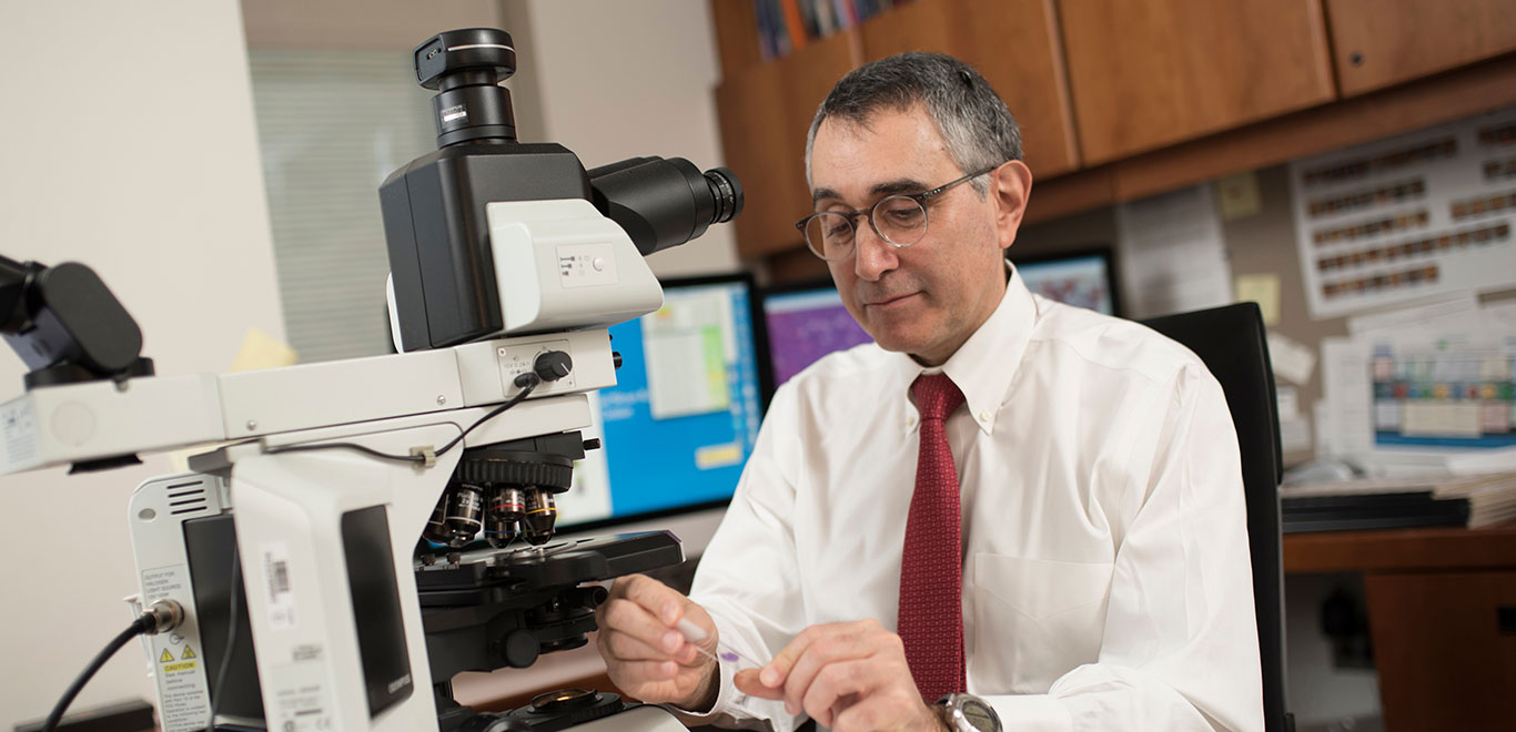 MSK Colleague in shirt and tie sat by a microscope and looking at a microscope slide